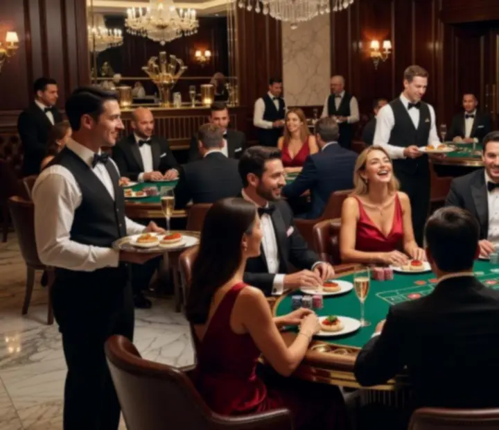 Ciemne, eleganckie wnętrze restauracji z rozświetlonym stołem pokerowym i gośćmi podczas wieczoru w stylu kasyna