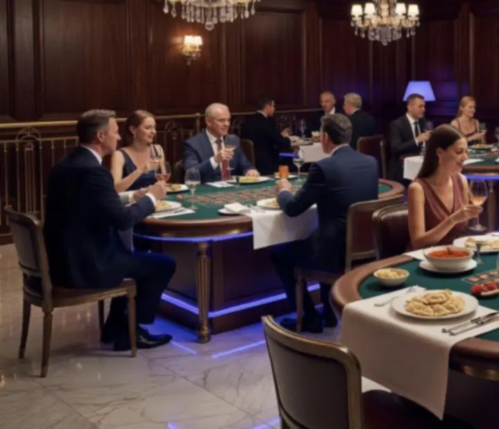 Kinowa scena luksusowej restauracji z kasynową aranżacją w Nocariveście