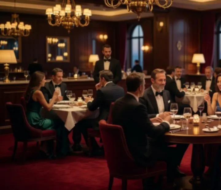 Ciemne, eleganckie wnętrze restauracji z nakrytymi stołami i stołami do gry w stylu kasynowym