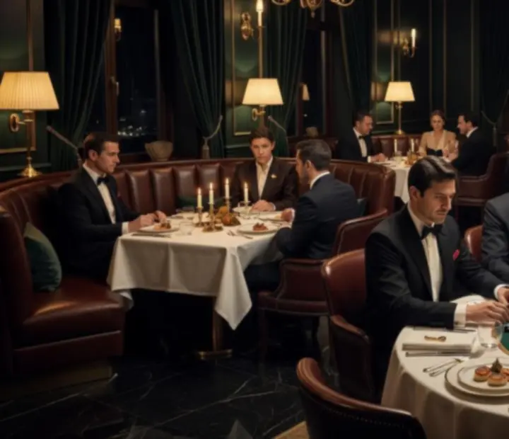 Ciemne, eleganckie wnętrze restauracji Nocarivesta z ekskluzywnie nakrytymi stołami i nastrojowym oświetleniem