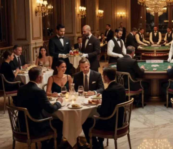 Ciemne, eleganckie wnętrze restauracji z nakrytymi stołami i stołami do gry w karty w nastrojowym świetle.