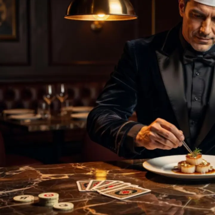 Szef kuchni Nocarivesta serwuje eleganckie dania degustacyjne na ciemnym, nastrojowym tle.