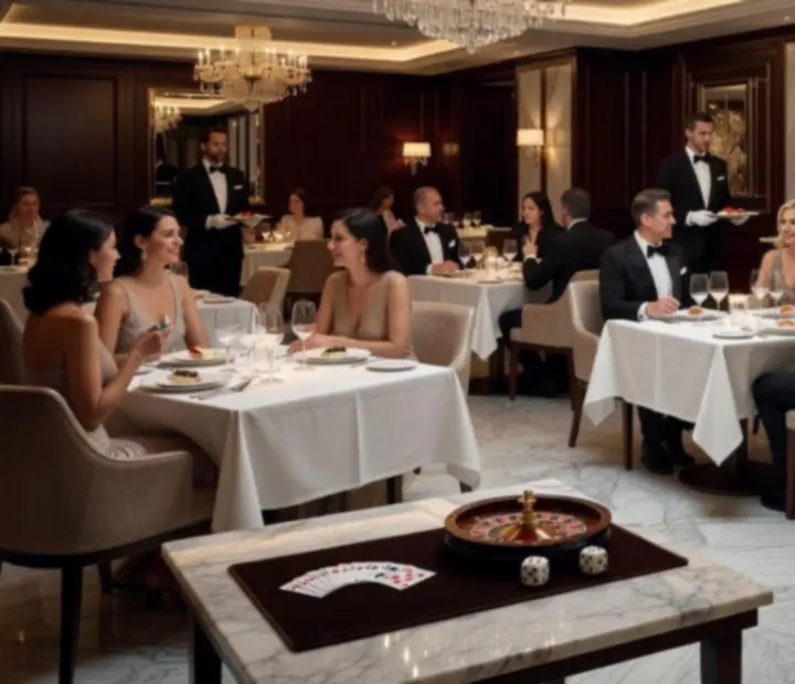 Wieczorna scena w eleganckiej restauracji z inspirowaną kasynem aranżacją stolików